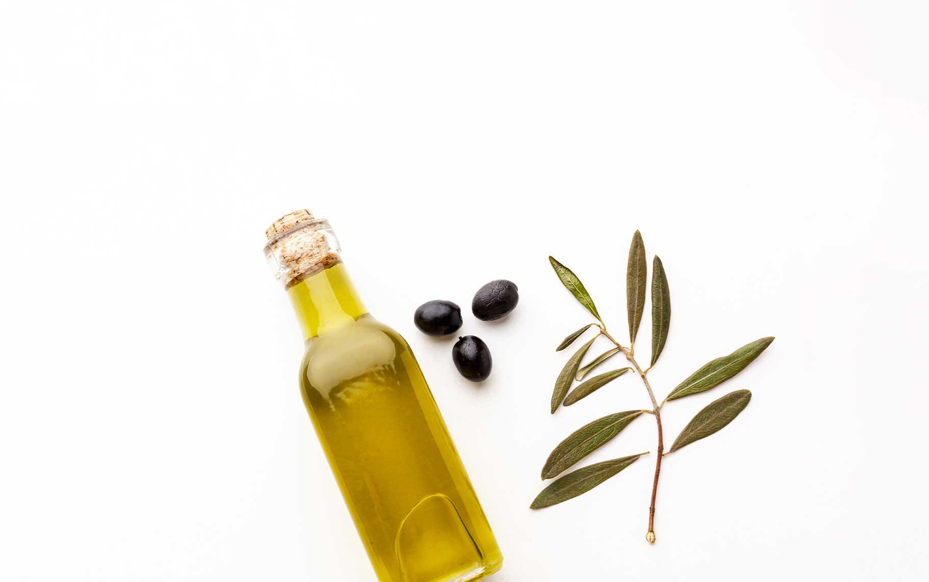 Una botella llena de aceite junto a tres olivas y una rama de olivo